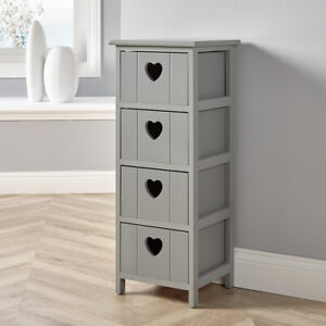 Grey Wooden 4 Drawer Chest Storage Unit Bedroom Organiser Bedside Love Hearts