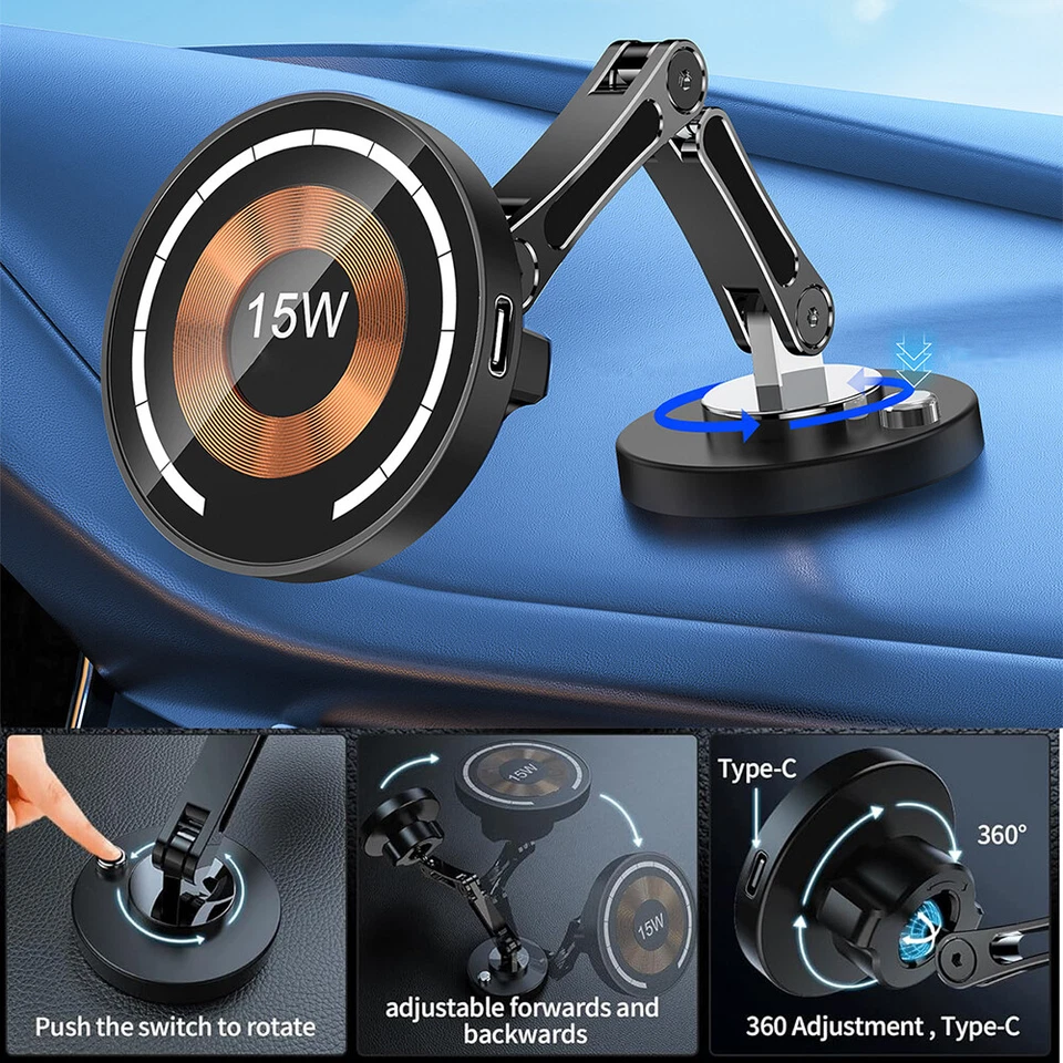 15W Magnetic Wireless Car Mount Charger Phone Holder for iPhone 16 15 14 Series - Image 1 of 4