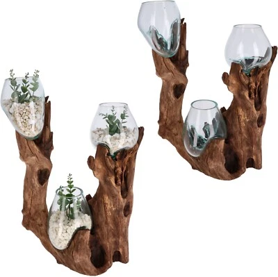 Große Glas-Deko auf Wurzelholz – Handgefertigte Naturdeko mit 3 Schalen - Bild 1 von 4