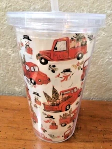16 oz Plastic Tumbler, Lid and Straw "Christmas Truck" Design, Free Shipping - Picture 1 of 4