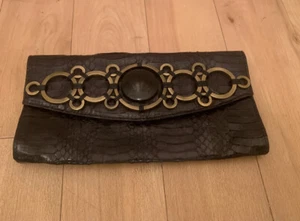 R & Y Augousti Reptile Skin Clutch Bag W/ Brass & Stone Detail Black - Picture 1 of 3