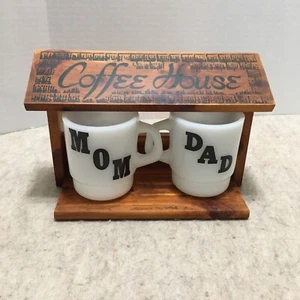 2 Vtg Termocrisa Milk Glass Stacking Coffee Mugs "MOM DAD" + Coffee House Holder - Picture 1 of 12