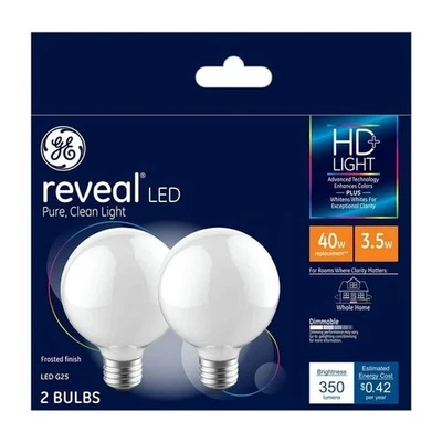 GE Reveal HD+ Globe Light Bulbs, G25, Frosted White, 2ct, 350 Lm, 40W (3.5W) - Image 1 of 2
