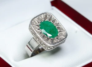 Plata - Anillo antiguo - 2,20 ct esmeralda natural - grabado - hecho a mano - Imagen 1 de 10