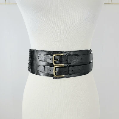 Linea Pelle Womens Belt Large Black Handmade Braided Woven Double Brass Buckle - Image 1 of 4