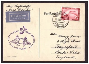 18. August 1931 Zeppelin Englandfahrt geflogen Karte Friedrichshafen nach Tonyrefail. - Bild 1 von 2