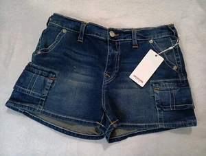 True Religion Jean Shorts Women Sz 31 Cargo Denim Blue Medium Wash NWT MSRP $99 - Picture 1 of 14