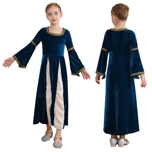 Kids Girls Dress Opera Costume Color Block Gown Soft Robe Square Neck Uniform - Picture 1 of 34