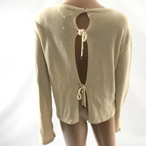 Zya Women’s Knit Open Back Sweater Size 2 Beige Longsleeve Knit Tie Cotton Blend - Picture 1 of 6