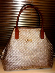 Fab Guess Faux Leather Pale Gold Mix Large Guess Tote Travel Bag - Picture 1 of 20
