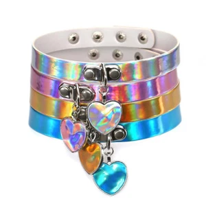 Holographic Choker Necklace Laser Heart Love Rainbow Gothic Collar Women Girl UK - Picture 1 of 8