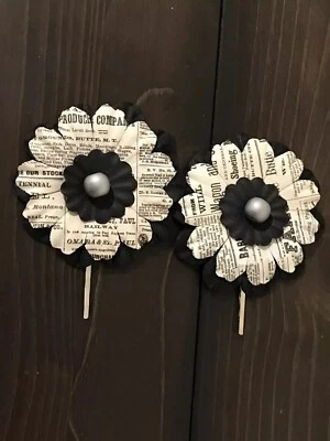 Handmade Black Cream Paper Flower Hair Pin With Silver Wood Bead Center Set - Image 1 of 4