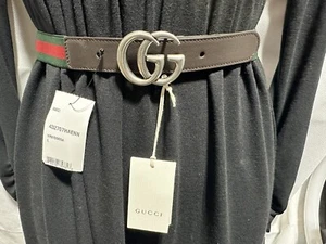 NEW GUCCI Big Kids Sz Large 24"- 27" Waist GG Buckle Red Green Web Leather Belt - Picture 1 of 12