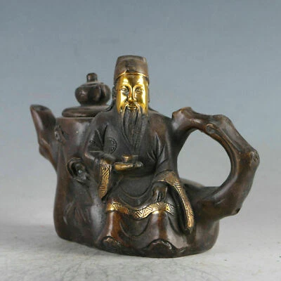 Tetera china rara de bronce dorado tallada a mano Dios de la riqueza con marca Qianlong Foto 1 de 4