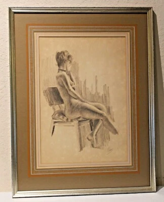 Antiguo dibujo original retrato desnudo firmado por artista enmarcado estera francesa Foto 1 de 4