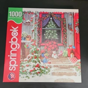 Springbok 1000 Piece Christmas Puzzle Poinsettia Porch  doorway Tree In Window - Picture 1 of 3