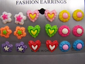 Heart Flower Circle set pack of 9 pair plastic post stud earrings metal back pkA - Picture 1 of 3