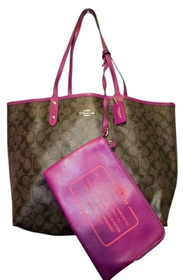 COACH Signature Reversible City Tote Magenta/Plum Black/Brown With Cosmetics Bag - Image 1 of 4