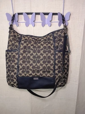 Bolso de tela Coach Hobo Signature azul marino con detalles de cuero F32621 Foto 1 de 4