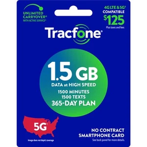 Tracfone 125 1500 $ min, 1500 texte, 1,5 Go de données forfait 365 jours [Livraison physique] - Photo 1 sur 6