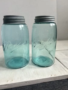 2 1920’s Vintage Ball Mason Jars – Triple L Logo – Quart – Aqua Blue – Zinc Lids - Picture 1 of 19