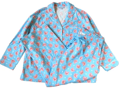 Catalog Favorites Blue Pink Pig Print Flannel Cotton 2 Pc Pajamas Top Pants 1X - Image 1 of 4