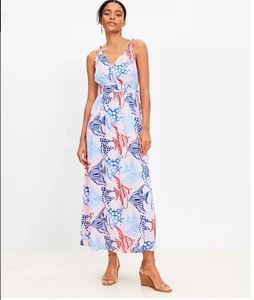 LOFT Fish Print Double Side Tie Maxi Dress Women’s Sz L Petite NWT - Picture 1 of 10