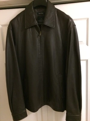 Jaqueta de Couro Genuíno Nautica Masculina Tamanho Extra Grande Marrom Escuro Macia - Imagem 1 de 4