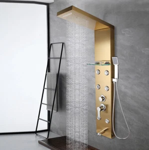 Panel de columna de ducha y rociado manual chorros de masaje grifos dorado baño montaje en pared grifo - Imagen 1 de 8