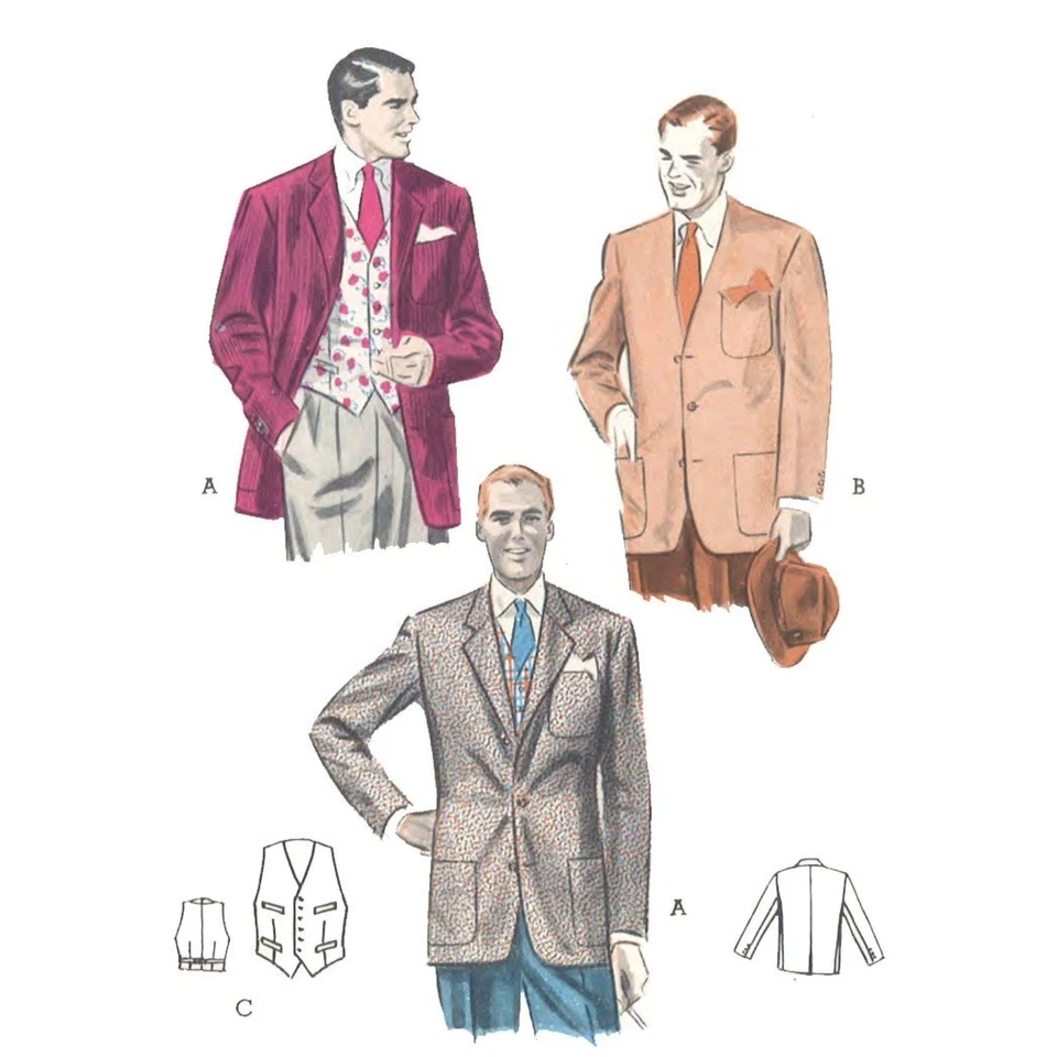 1950s Pattern, Men's Cardigan, Tailored Jacket, Vest, Waistcoat - Multi-sizes - Image 1 of 1