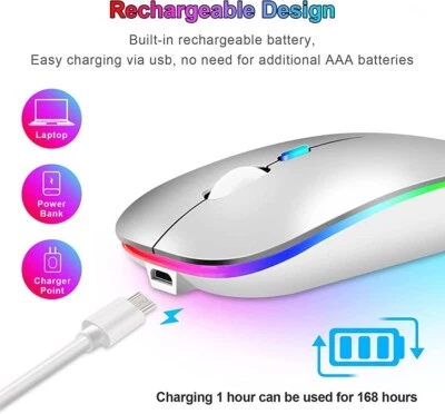 Slim Silent Rechargeable Bluetooth Wireless Mouse RGB LED MacBook Laptop PC Fast - Image 1 of 4
