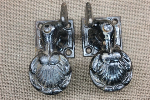 2 old Shutter Dogs Shell Roman column base rustic vintage 1900's curtain tieback Cover
