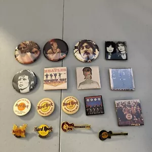 Vintage Rock and Roll Pins Buttons 70’s Lot Bowie Beatles Hard Rock Cafe - Picture 1 of 2