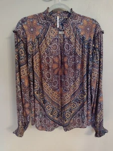 Free People mehrfarbige Bluse Bindekragen Langarm Oberteil Boho Small - Bild 1 von 3