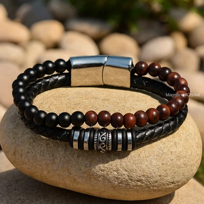 Pulsera de cuero ojo de tigre rojo obsidiana para hombre protección piedra energía joyería Foto 1 de 4