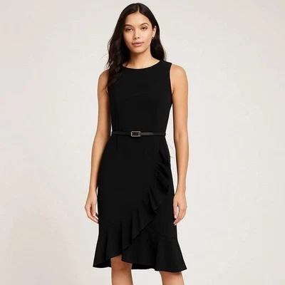 NUEVO Vestido de cóctel Calvin Klein para mujer 4 negro tejido ponte envolvente con volantes dobladillo Foto 1 de 4