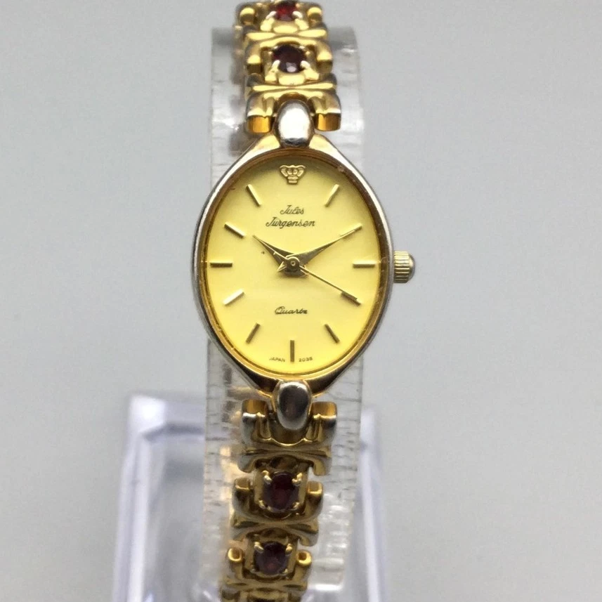 Jules Jurgensen Reloj Mujer Tono Dorado Ovalado Piedras Preciosas Pulsera Batería Nueva 6.25" Foto 1 de 4