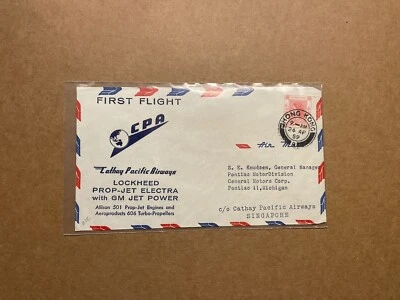 Hong 1959 FFC a EE. UU. + Solo Franking QEII 25C + Cathy Airways + Lockheed y GM Cachet Foto 1 de 2