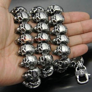 Heavy Huge Stainless Steel Multi Skulls Chain Link Men's Necklace Silver - Picture 1 of 19