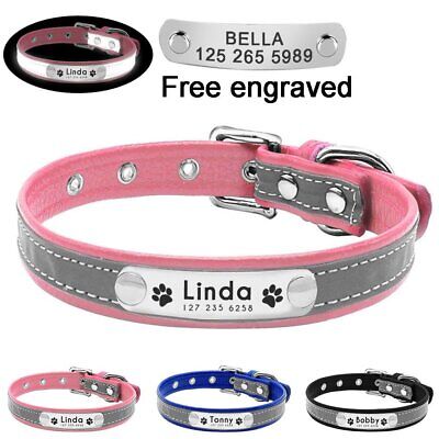 Soft Reflective Leather Personalised Dog Collar Custom Name ID Tags Pet Cat XS-L • 3.58£
