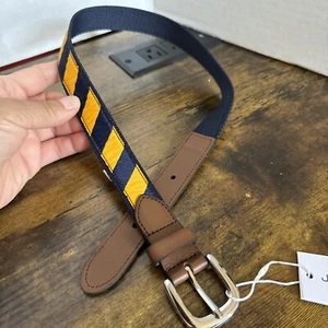 NWT Janie And Jack Belt Boys 2T-3T Navy Blue Gold Striped Leather Trim Casual - Picture 1 of 6