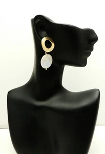 Gold Toned Circle Natural Freshwater White Coin Pearl Earrings, Dangle Earrings - Picture 1 of 6