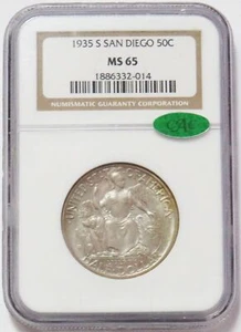1935 S SAN DIEGO SILVER 50c COMMEMORATIVE NGC MINT STATE 65 CAC - Picture 1 of 2