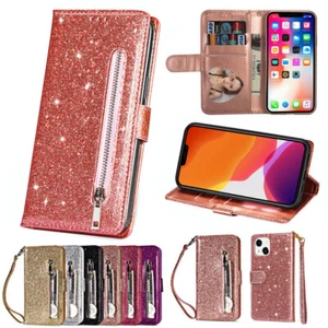 For iPhone 15 14 13 12 11 XR XS SE 8 Zip Wallet Case Glitter Leather Flip Cover - Picture 1 of 33