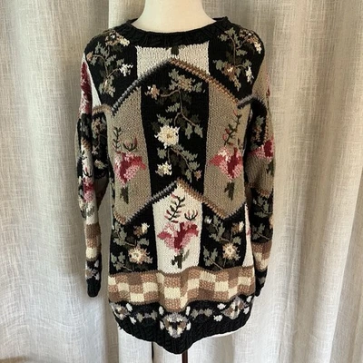 Vtg Crystal Kobe 90s Floral Pullover Sweater Women L Cottagecore Textured Chunky - Image 1 of 4