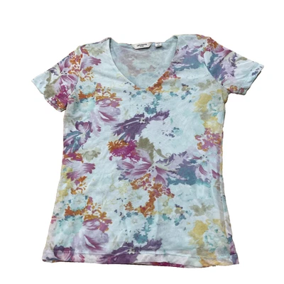 Liz Claiborne Hippie Floral Top Woman Petite S Blue Floral Stretch Layered Lined - Image 1 of 4