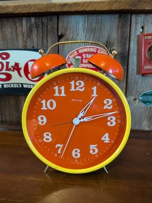 Vintage Double Bell Alarm Clock Orange Yellow Blessing West Germany MCM - Image 1 of 4