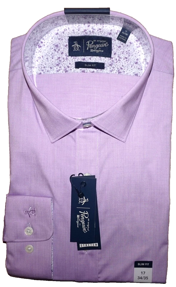 Camisa de vestir Penguin para hombre 17-34/35 ajustada elástica lavanda con puños abatibles nueva con etiquetas Foto 1 de 2