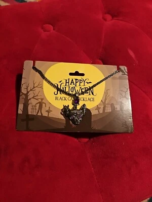 NWT Happy Halloween Black Cat Necklace Purple Jewel Costume Accessory - Image 1 of 4