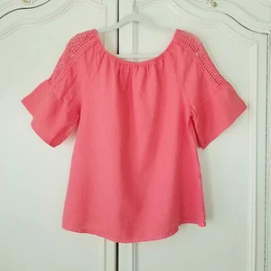 Terzo Millennio Italy Coral Linen Crochet Insert Short Bell Sleeve Top Large - Picture 1 of 5